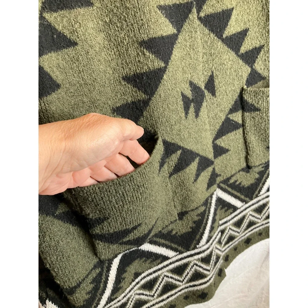 Frye‎ The Cozy Open Front Cardigan Oversized Olive Green Black Aztec Western L